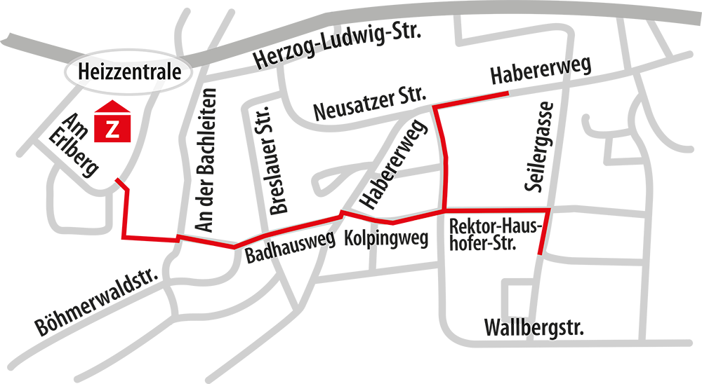 Heizzentrale Am Erlberg
Leitungstrassen Badhausweg, Kolpingweg, Habererwet, Rektor-Haushofer-Straße